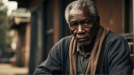 Depressed senior elderly black african man sitting outside looking sad from Generative AI