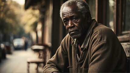Naklejka premium Depressed senior elderly black african man sitting outside looking sad from Generative AI
