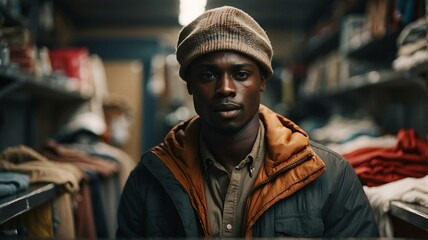 Portrait of a young black african man business owner of a laundry place shop from Generative AI