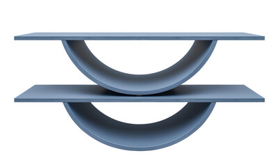 Abstract blue shelf with a sleek metallic finish, presenting a bold and modern design.