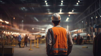 man in a protective vest visits an aircraft factory. Back view
