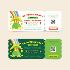 Collection of St. Patrick's Day celebration party ticket template. Invitation backgrounds decorated with a rainbow light falls into a green leprechaun hat full of coins. Vector 10 EPS.
