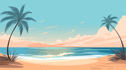 Fototapeta na wymiar Vector art background capturing the essence of summer featuring a vibrant beach scene with golden sands azure waters and palm trees swaying in the warm breeze. simple minimalist illustration