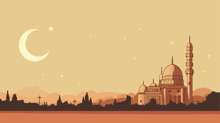 Ramadan-themed vector illustration with a rustic charm  using warm earthy tones  traditional details  and symbols of the crescent moon and mosque for a visually dynamic and spiritually resonant