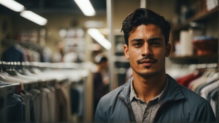 Portrait of a young man business owner of a laundry place shop from Generative AI