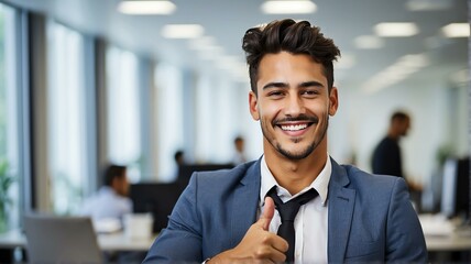 Portrait of a young office worker man smiling on the camera and with thumbs up from Generative AI
