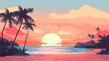 Vector art capturing the beauty of a beach during twilight  with palm trees  gentle waves  and a warm  dreamy color palette for a visually captivating and peaceful composition. simple minimalist
