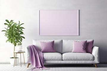 Scandinavian-style Living Room Interior with Couch, Blank Canvases on Wall, and Light Purple Accents