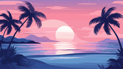Fototapeta na wymiar Vector art capturing the beauty of a beach during twilight with palm trees gentle waves and a warm dreamy color palette for a visually captivating and peaceful composition. simple minimalist