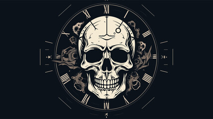 Skull and clock vector design  blending mortality and the passage of time in a conceptually rich visual. simple minimalist illustration creative