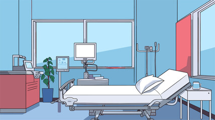 Vector art capturing the essence of a hospital background  featuring abstract medical instruments  patient beds  and a dynamic color palette for a visually engaging and refreshing composition.