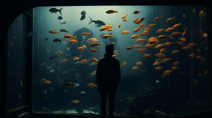 Rear view of a silhouette of a man watching beautiful fish in an aquarium. Sightseeing, Travel,...