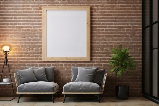 Living Room Interior with Blank Template on Wall for Customization