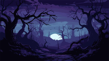 Spooky forest vector art with gnarled trees  mist  and lurking creatures  creating a mysterious and haunting ambiance perfect for Halloween. simple minimalist illustration creative