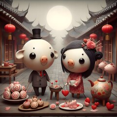 Fototapeta premium Whimsical cute odd couple valentine love illustration
