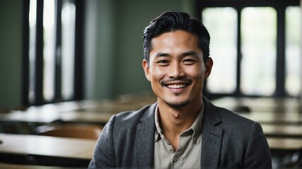 Portrait of smiling confident asian male teacher in class from Generative AI - obrazy, fototapety, plakaty