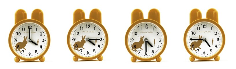 close up of a set of cute brown alarm clocks showing the time; 4, 4.15, 4.30 and 4.45 p.m or a.m. Isolated on white background
 - obrazy, fototapety, plakaty