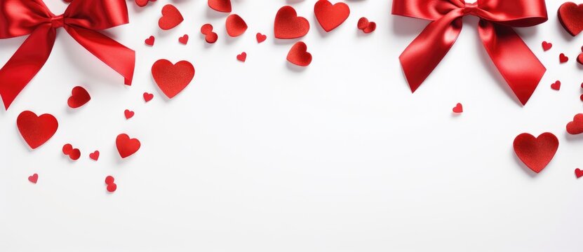 A photo showcasing a white background adorned with red hearts and a red bow.