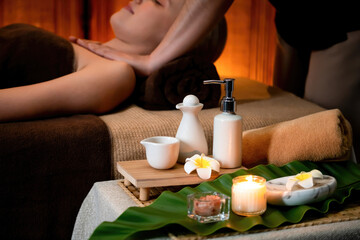Aromatherapy massage ambiance or spa salon composition setup with focus decor candles and spa...