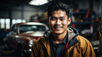 Fototapeta premium Young asian car repair man on the garage warehouse smiling to camera from Generative AI