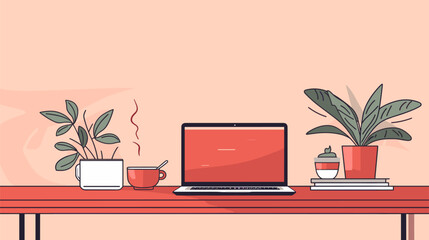 Fototapeta premium Office-themed vector background with a contemporary touch highlighting elements like laptops coffee cups and office plants for a warm and inviting feel. simple minimalist illustration creative