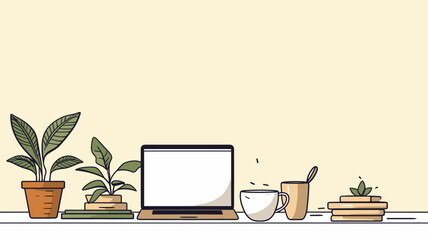 Fototapeta premium Office-themed vector background with a contemporary touch highlighting elements like laptops coffee cups and office plants for a warm and inviting feel. simple minimalist illustration creative