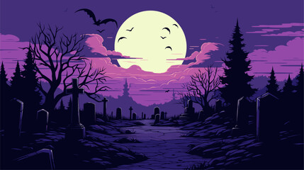 Halloween-themed vector illustration featuring a spooky graveyard with gravestones  ghosts  and a full moon  creating an eerie and atmospheric scene. simple minimalist illustration creative