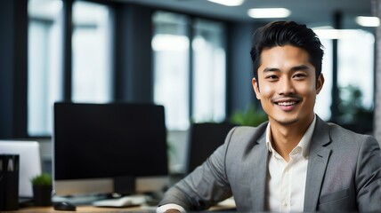 Young professional asian man at office desk smiling to camera from Generative AI