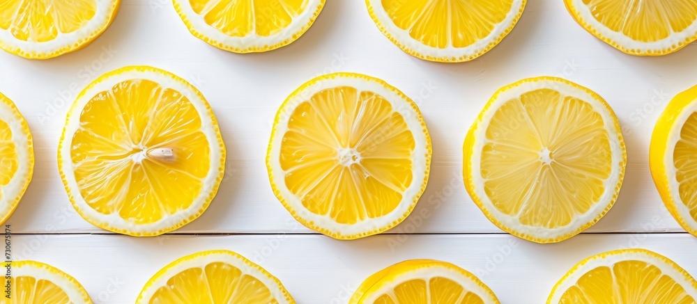 Poster top view of fresh lemon slices arranged in a pattern on a white wooden background.