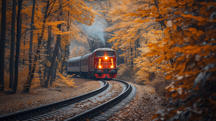 Autumn Journey by Train Through Forest with Orange Leaves