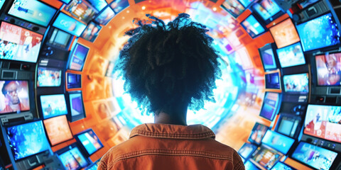 Back of adult African American woman looking at screens watching select channel. Sedentary lifestyle.  TV addiction to technology gadgets and media concept