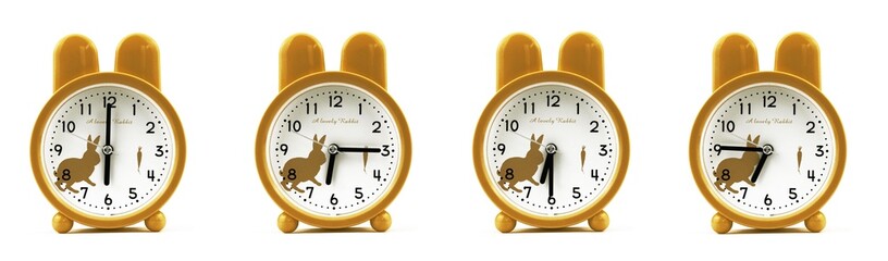 close up of a set of cute brown alarm clocks showing the time; 6, 6.15, 6.30 and 6.45 p.m or a.m. Isolated on white background
 - obrazy, fototapety, plakaty
