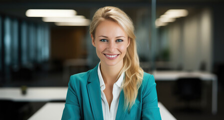 Obraz premium A professional woman wearing a business suit smiles confidently as she poses for the camera.