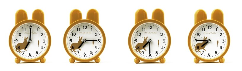 close up of a set of cute brown alarm clocks showing the time; 7, 7.15, 7.30 and 7.45 p.m or a.m. Isolated on white background
 - obrazy, fototapety, plakaty