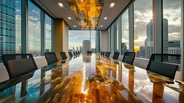 The conference room tables are adorned with rich abstract patterns a result of the mesmerizing reflections of the citys skyline.