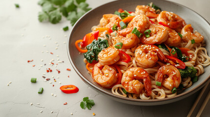 Bowl of Shrimp With Noodles and Vegetables