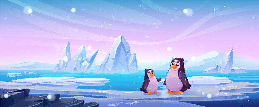 Penguins on snowy arctic landscape. Vector cartoon illustration of cute antarctic bird characters sitting on pieces of ice floating on cold water surface, snow falling from frosty pink and blue sky