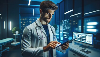Doctor Analyzing Patient Data on Tablet in Modern Clinic