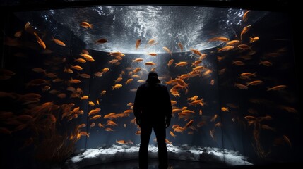 The silhouette of a man watching beautiful orange fish in an aquarium. Sightseeing, Travel,...