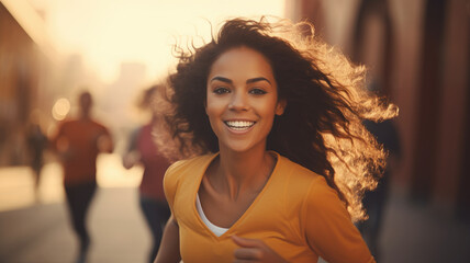 A woman energetically runs down the street, her hair flowing in the wind. - obrazy, fototapety, plakaty