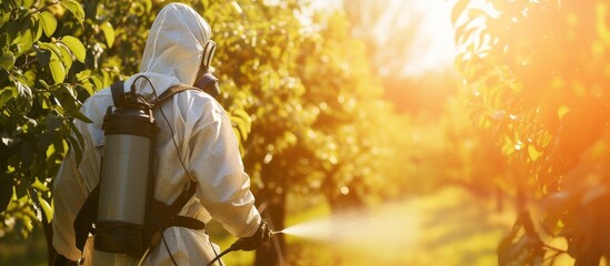 Man in coveralls with gas mask sprays toxic pesticides on fruit orchard using motorized backpack atomizer sprayer in spring.