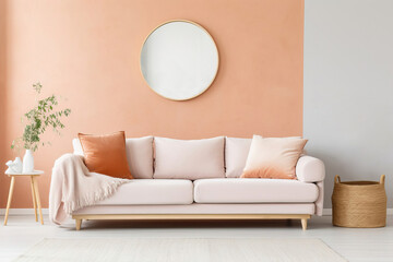 Lounge Space featuring Sofa in Fashionable Peach Fuzz Color and Wall Mirror