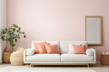 Scandinavian-style Living Room Interior with Peach Fuzz Sofa and Wall Mirror