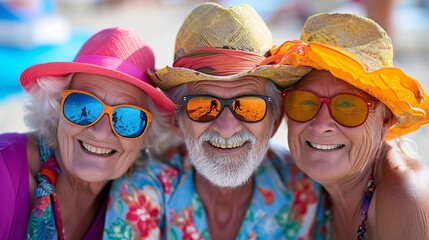 Group of senior friends in colorful and funky beachwear enjoying retirement on the beach. 