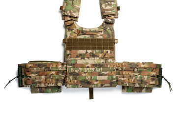 Close up of tactical bulletproof vest on white background