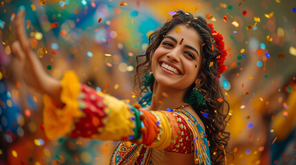 Fototapeta na wymiar Festive and energetic Hindu female dancer performing at an outdoor celebration event. Confetti in the air and colorful attire completes the festivities. 