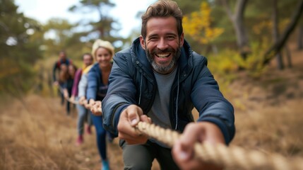Leadership workshop outdoors, collaborative physical challenge requiring teamwork