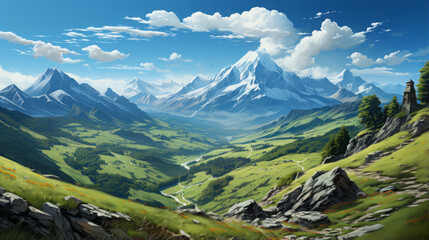 Journey through Majestic Vistas: Exploring the Diverse Terrain of Nature's Bounty Under Azure Skies, generative AI