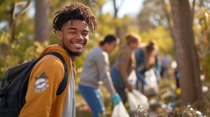 Youth leader coordinating a community clean-up in a local park, directing volunteers as they pick up trash, natural lighting emphasizing the communal spirit, everyone wearing casual