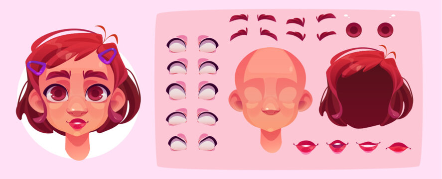 Caucasian girl face constructor set. Vector cartoon illustration of female character avatar design kit with head, brown hairstyle, smiling and sad mouth, eyes, eyebrows templates, facial expressions